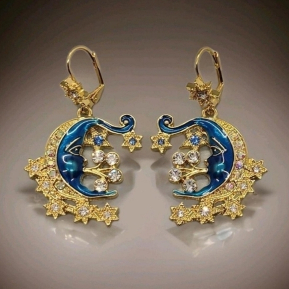 Vintage Estate Signed Crystal Blue Enamel Moon & Stars Gold Dangle Earrings